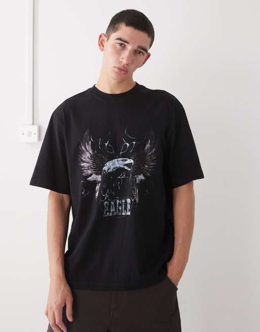 Weekday - T-shirt comoda oversize nera con stampa di aquila vintage 