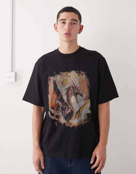 Weekday - T-shirt comoda oversize nera con stampa di drago vintage - view 1