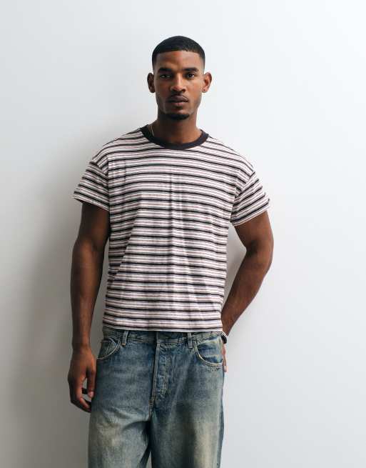Weekday T-shirt con dettaglio manica a cappuccio a righe bianco sporco, marrone e blu