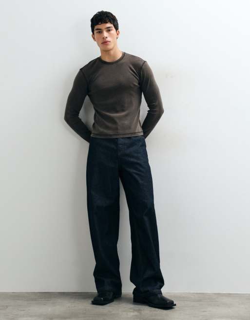 Weekday t-shirt côtelé à manches longues coupe slim en marron délavé, 4 de 8