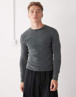 Weekday - T-shirt côtelé ajusté à manches longues - Vert foncé délavé