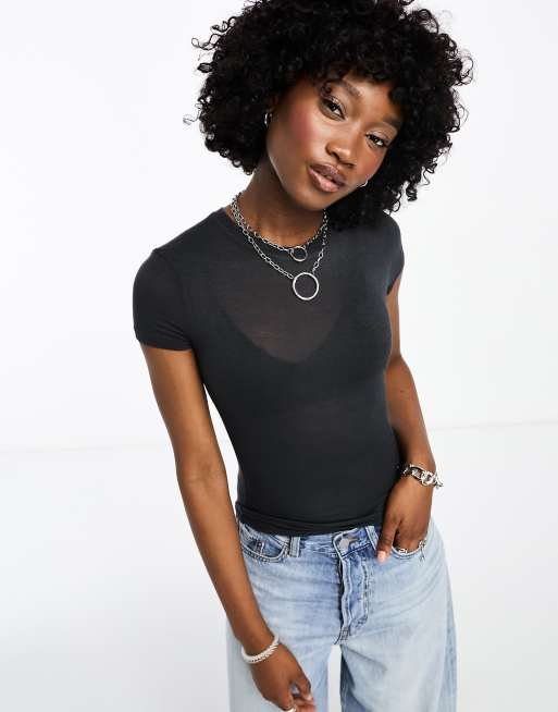 Weekday - T-shirt doux semi-transparent - Gris foncé