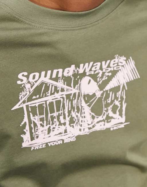 Weekday - T-shirt kaki con stampa “Sound Waves”, 3 di 4