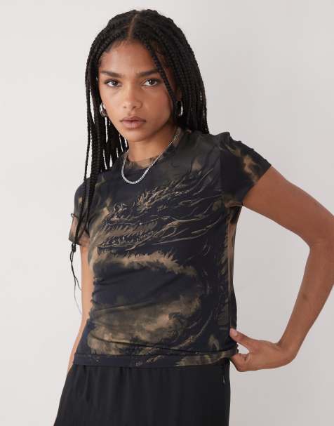 Weekday - T-shirt marrone scuro con stampa di drago - view 1