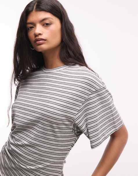 Weekday T-shirt med markeret talje i grå og sorte striber - view 1