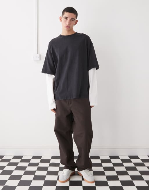 Weekday - T-shirt oversize a doppio strato nera con maniche a contrasto bianco sporco, 2 di 5