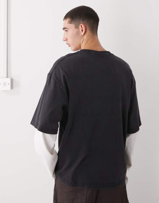 Weekday - T-shirt oversize a doppio strato nera con maniche a contrasto bianco sporco, 3 di 5