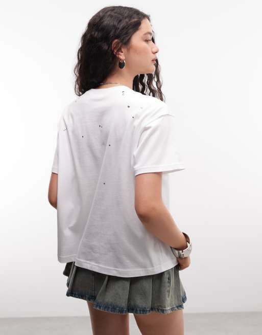 Weekday - T-shirt oversize à imprimé graphique et clous métalliques - Blanc, 4 de 4