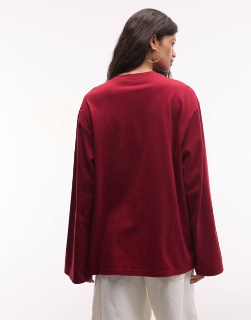Weekday T-shirt oversize a maniche lunghe in rosso ciliegia, 3 di 4