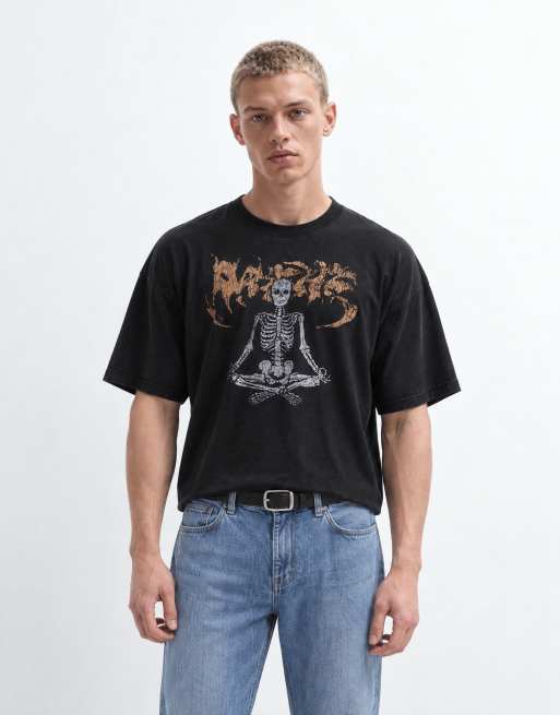 Weekday T-shirt oversize avec motif squelette en méditation noir délavé, 8 de 8