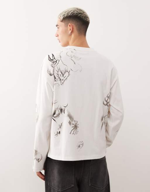 Weekday - T-shirt oversize coupe carrée à manches longues et à imprimé esquisse sur l'ensemble - Blanc, 3 de 5