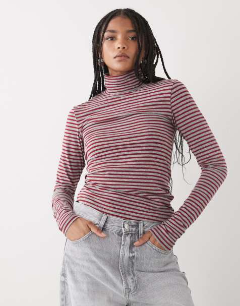 Weekday - T-shirt slim à col roulé et manches longues - Rouge et gris rayé - view 1