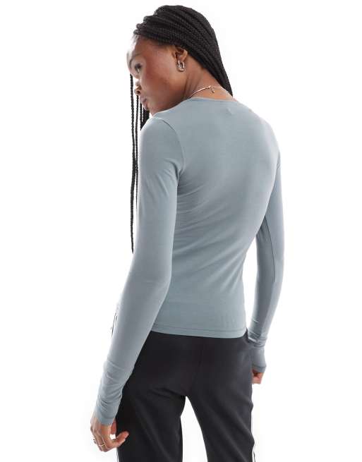 Weekday - T-shirt slim a maniche lunghe verde polvere, 3 di 4