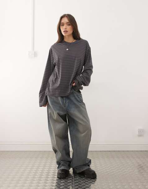 Weekday - T-shirt squadrata a maniche lunghe grigio scuro e nero a righe - view 1