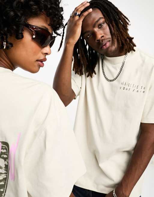 Weekday - T-shirt unisex oversize beige con grafica - In esclusiva per ASOS, 3 di 4