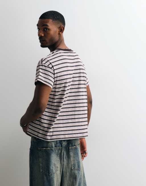 Weekday t-shirt with cap sleeve detail in off-white, brown & blue stripe, 3 of 5