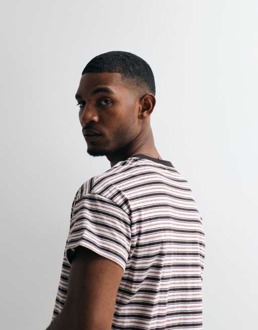 Weekday t-shirt with cap sleeve detail in off-white, brown & blue stripe, 5 of 5