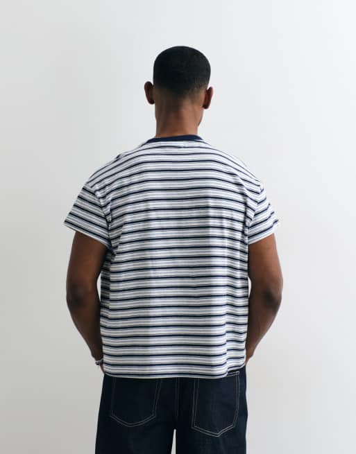 Weekday t-shirt with cap sleeve detail in off-white & navy stripe, 4 of 5