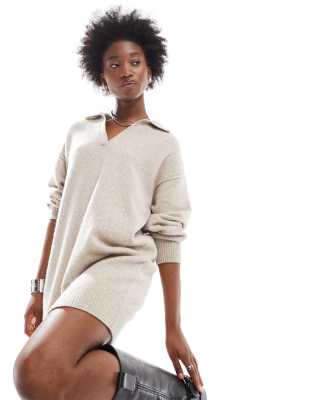 Tahlia polo collar knit mini dress in light beige melange exclusive to ASOS-Neutral