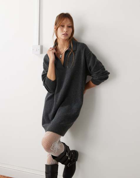 Weekday Tahlia polo collar knitted mini dress in black melange exclusive to ASOS - view 1