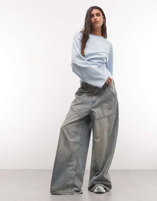 Weekday tailliertes Langarm-T-Shirt in verwaschenem Blau, 2 von 4