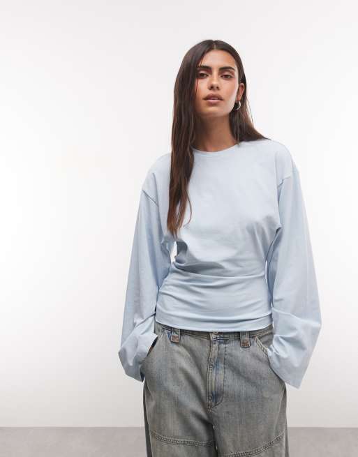 Weekday tailliertes Langarm-T-Shirt in verwaschenem Blau, 4 von 4
