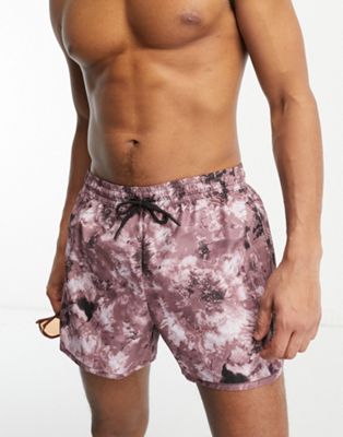 tan printed swim shorts in burgundy-Red