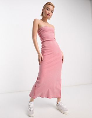 Weekday Tania exclusive rib tube midi dress in washed pink