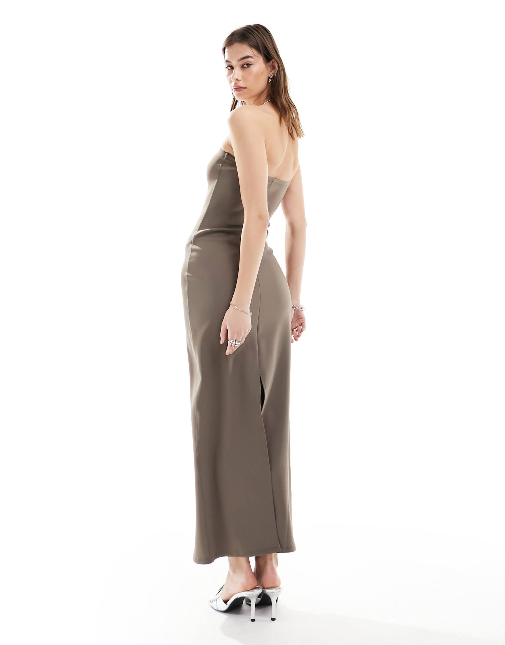 weekday tania scuba bandeau tube maxi dress in brown