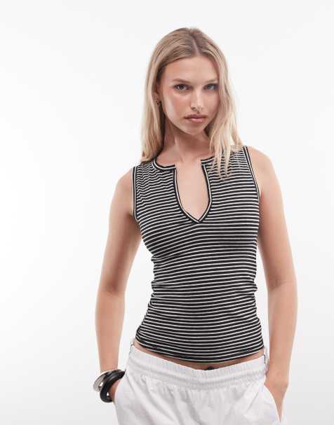 Weekday tank top with v-neck notch detail in black and grey stripe - view 1