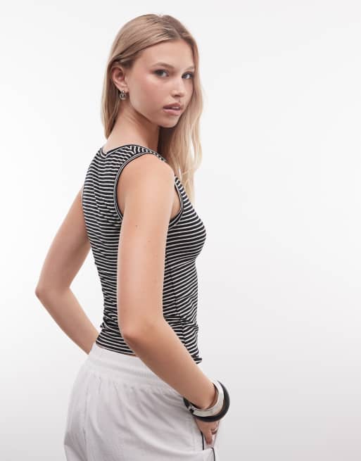 Weekday tank top with v-neck notch detail in black and grey stripe, 4 of 4