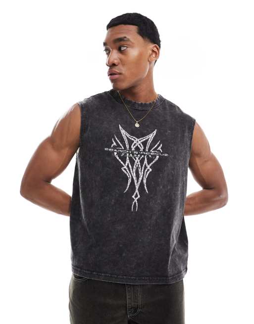 Weekday - Tanktop med grafisk print i sort syrevask i firkantet pasform