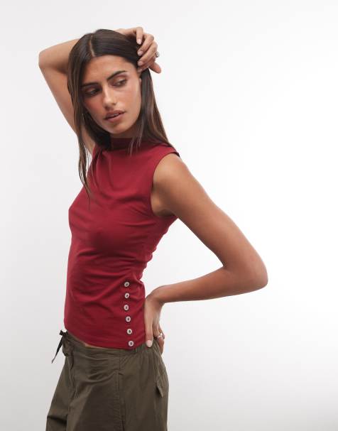 Weekday Tanktop mit Knopfdetail an der Seite in Kirschrot - view 1