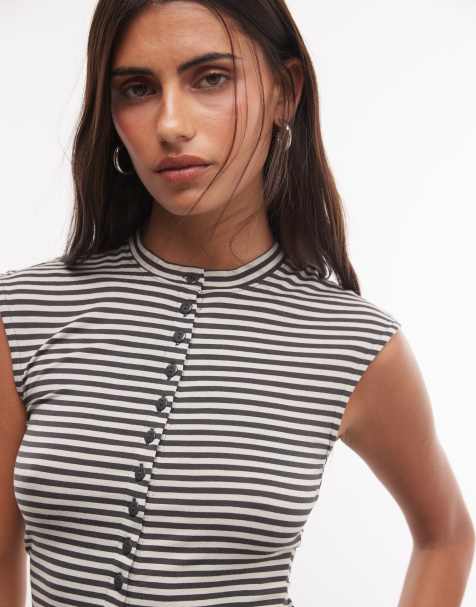 Weekday Tanktop mit Knopfleiste vorn in Dunkelgrau und beigem Streifenmuster - view 1