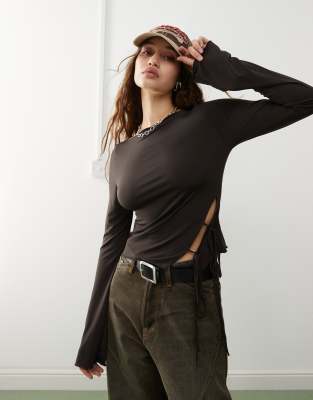 Tayla long sleeve top with side tie detail in dark brown