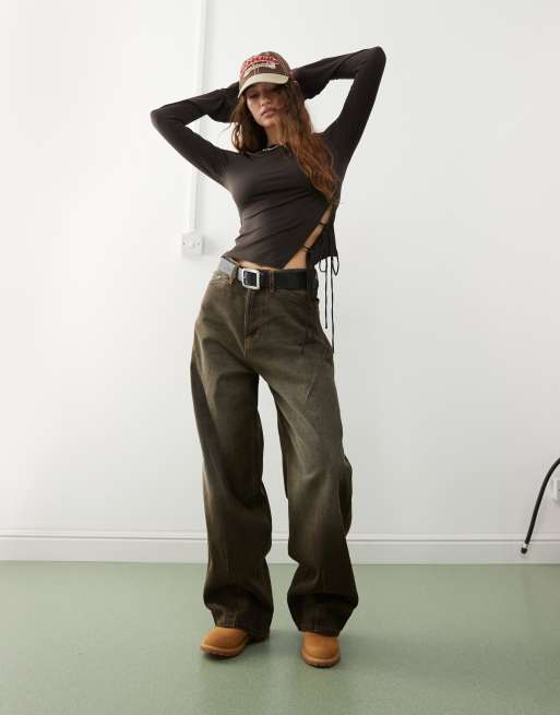 Weekday Tayla long sleeve top with side tie detail in dark brown