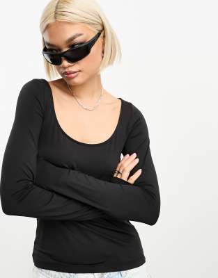 Weekday Tea fine jersey long sleeve top with scoop neck in black - ASOS Price Checker