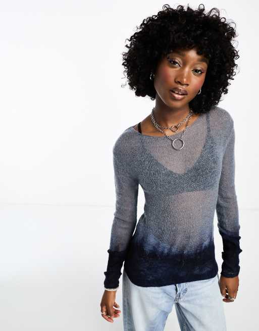 Weekday Teagan semi sheer sweater in blue dip dye