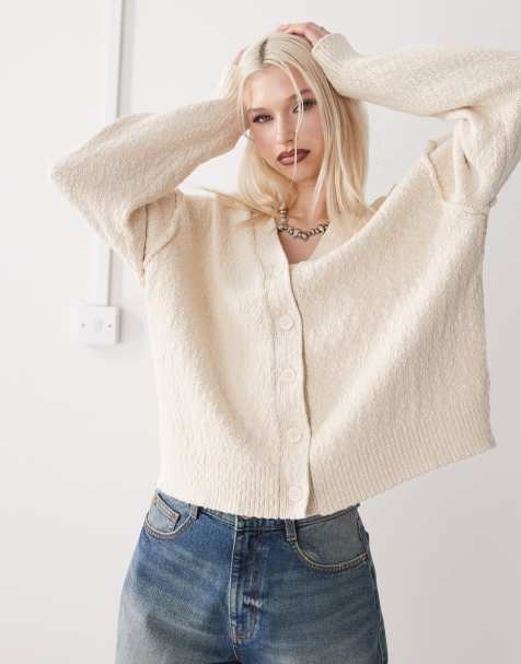 Weekday textured lightweight cardigan in off-white  - view 1