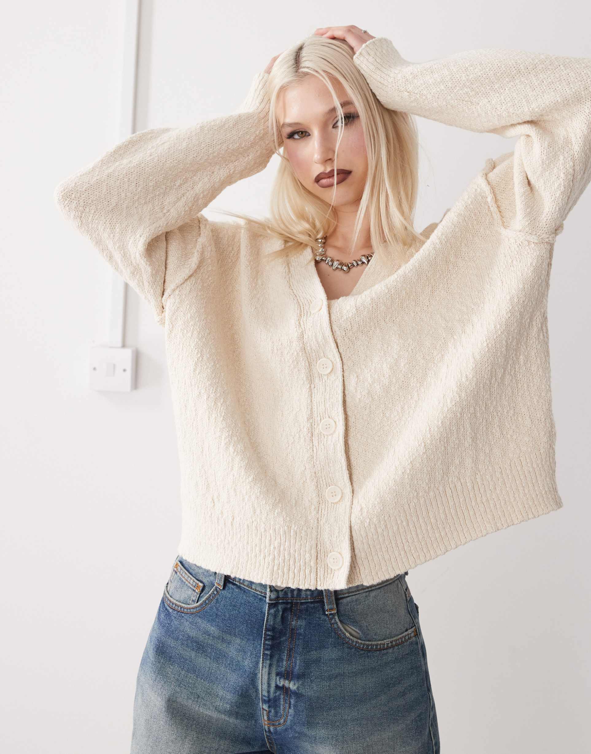 weekday textured lightweight cardigan in off-white