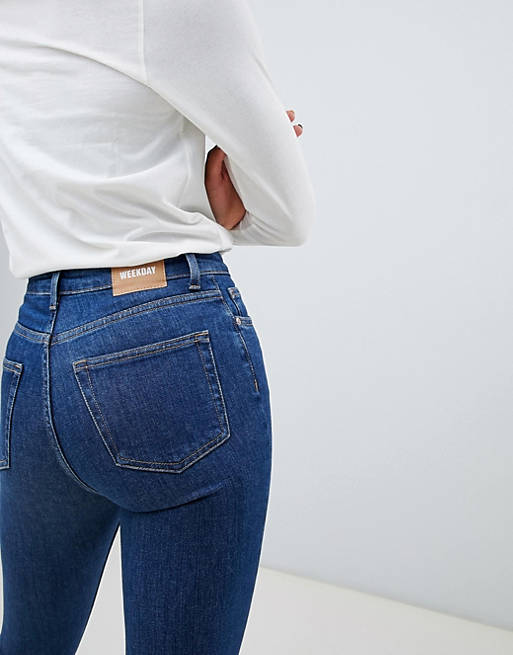 Women Weekday Thursday organic cotton high waist skinny jeans in win blue 