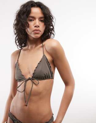 Weekday Tie Front Frilly Triangle Bikini Top In Black