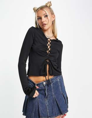 Weekday Tie long sleeve top with lace front in black - ASOS Price Checker