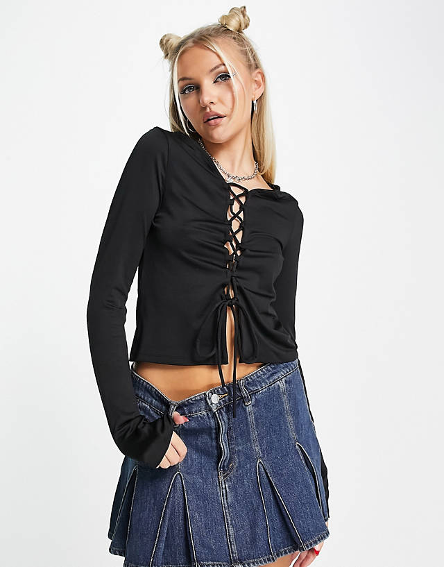 Weekday - tie long sleeve top with lace front in black