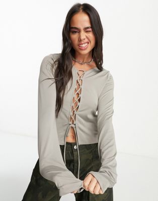 Weekday Tie long sleeve top with lace front in stone