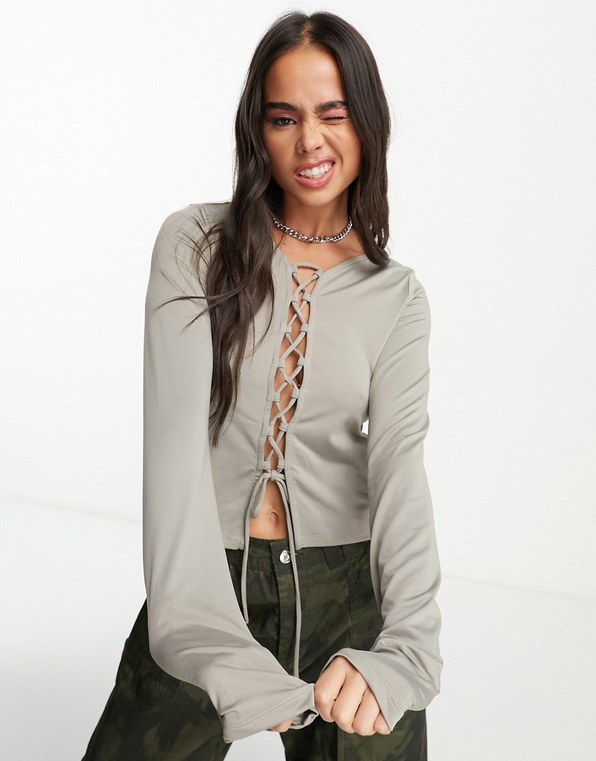 Weekday Tie long sleeve top with lace front in stone-Neutral