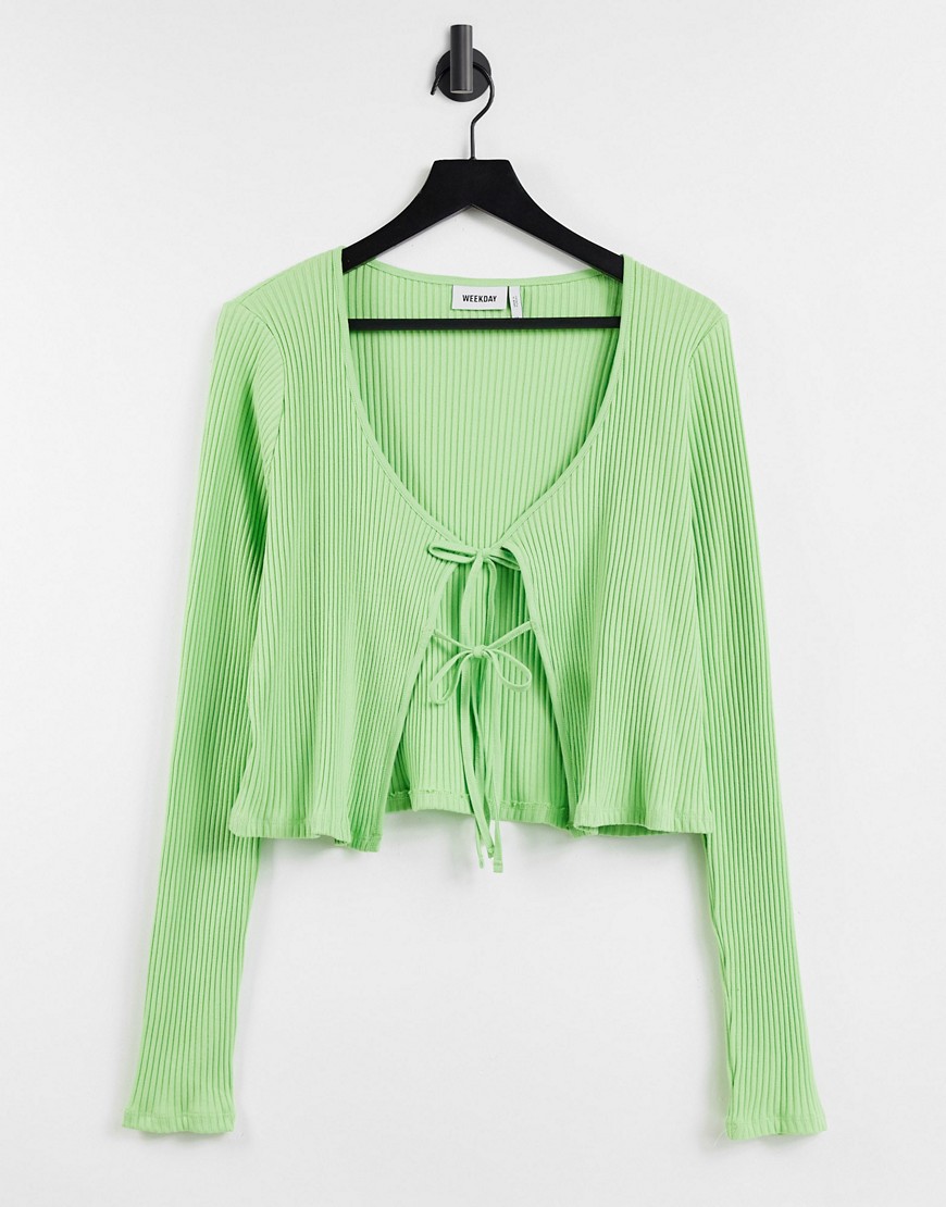 Weekday Tie organic cotton cardigan with tie front in green set