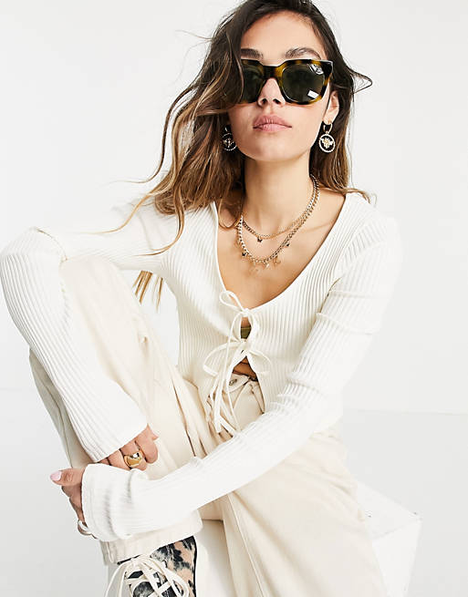  Weekday Tie organic cotton cardigan with tie front in off white 