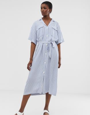 blue white striped midi dress