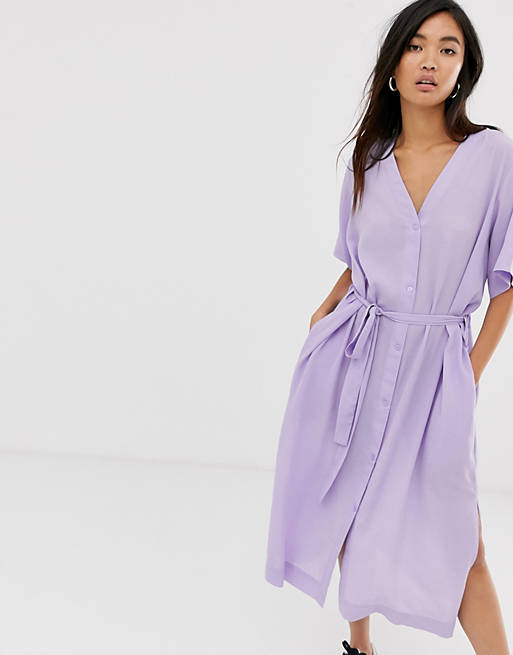 Weekday tie-waist midi dress in lilac | ASOS